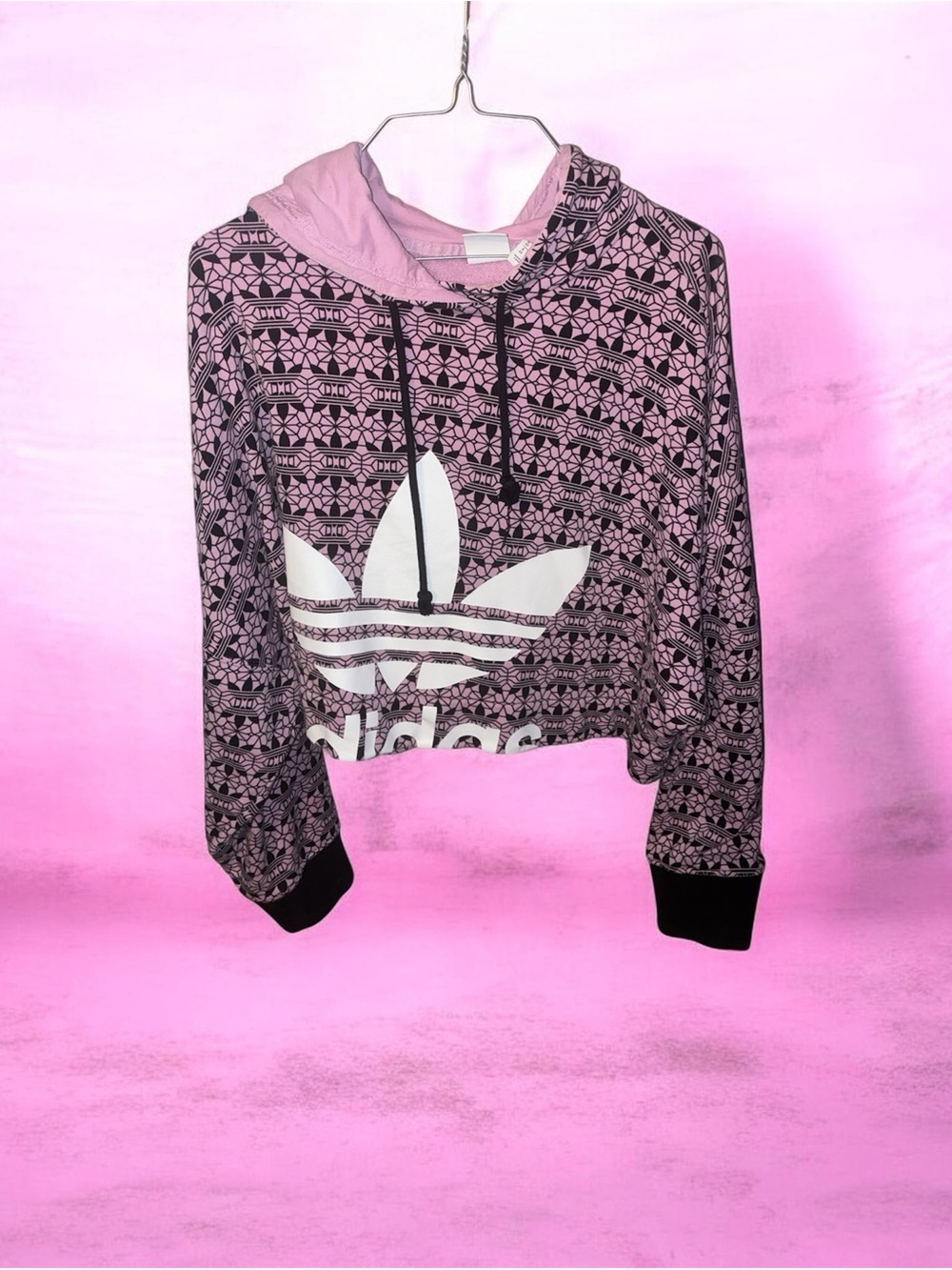 adidas Pink and Black Patterned Cropped Crew Hoodie